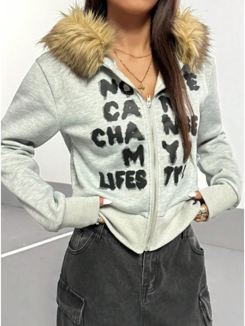 Autumn and winter new ladies waist short hoodie, fur collar splicing design letter printing pattern, street fashion hoodie.