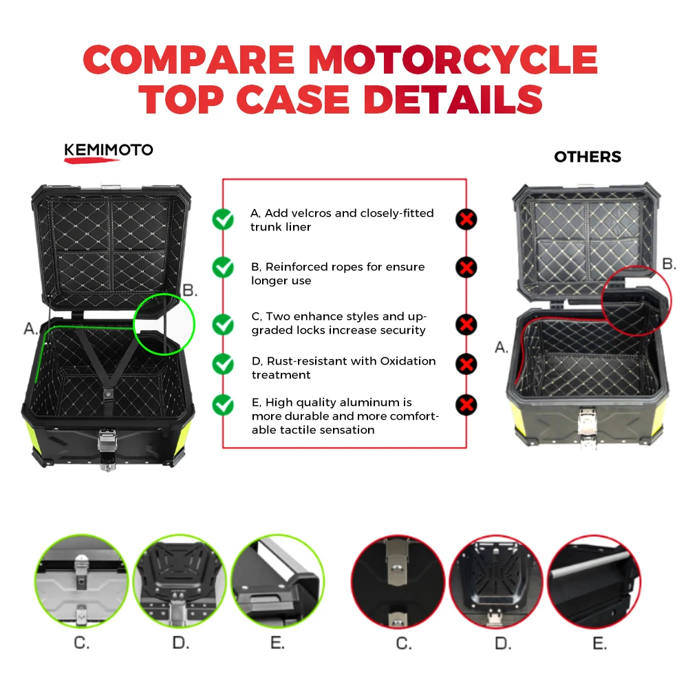 KEMIMOTO 45L/55L/65L دراجة نارية الألومنيوم صندوق خلفي الجذع مع مسند الظهر العالمي العلوي الذيل الخلفي الأمتعة صندوق تخزين الأدوات #3