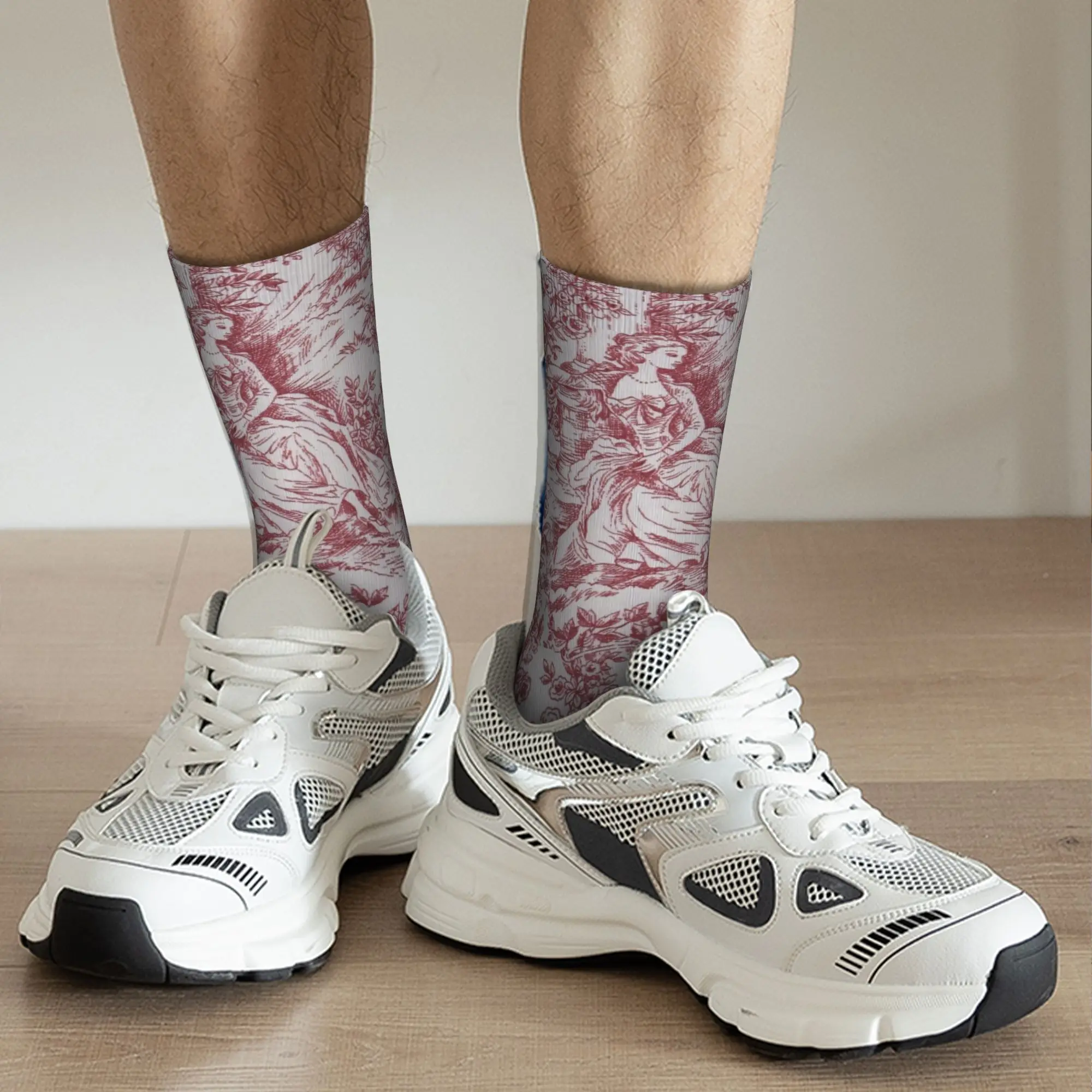 Custom Fun Printed Classic Red French Toile De Jouy Motif Pattern Socks for Men Women Stretch Summer Autumn Winter  Crew Socks view 5