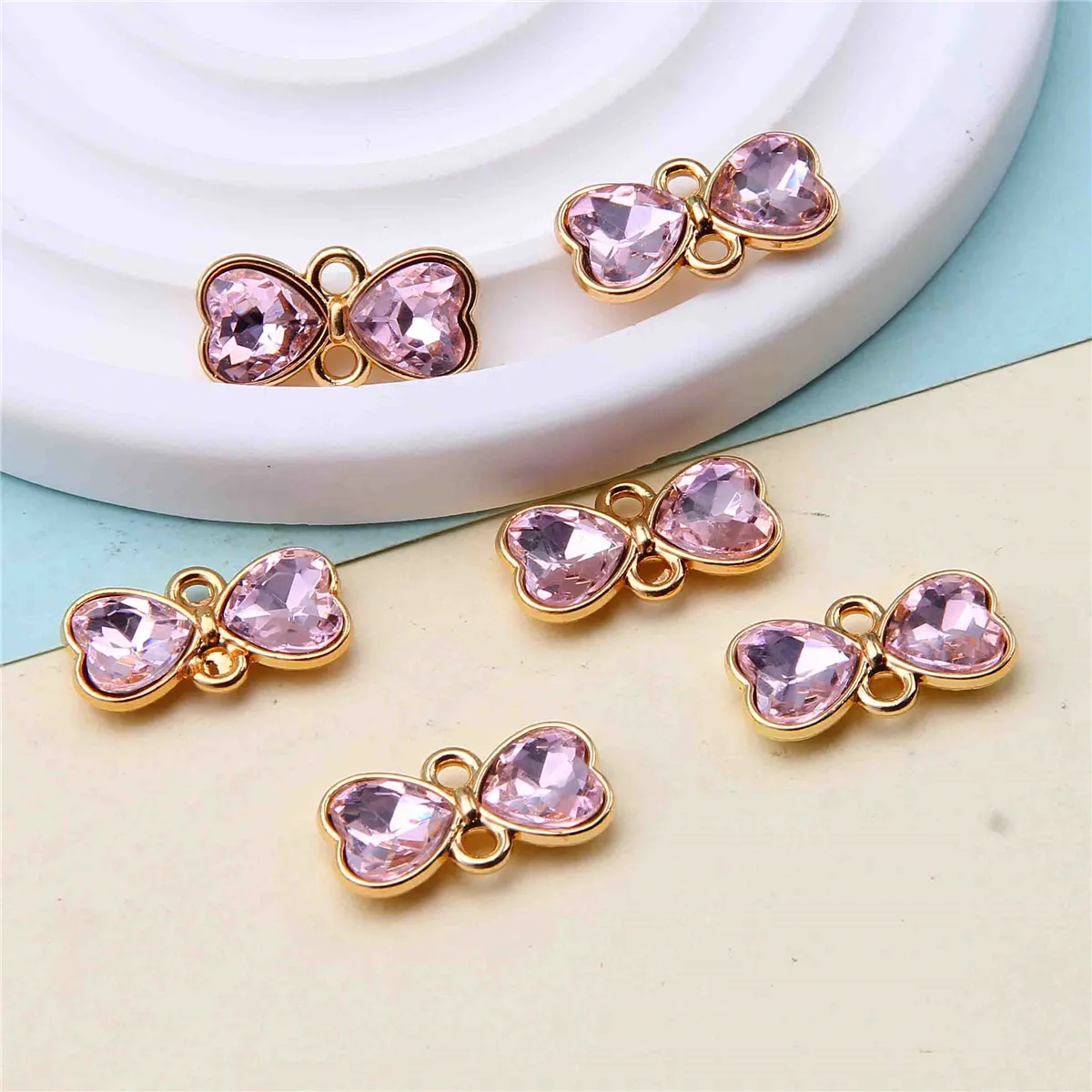 6Pcs Heart shaped bow pendant  Connector Necklace Bracelet Pendant for Jewelry Making Diy Accessories Craft Supplies