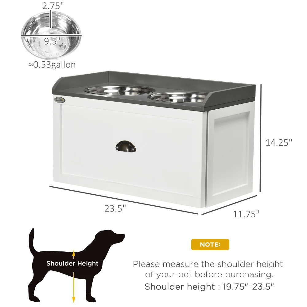 PawHut Dog Feeding Station with Storage Drawer, 2 Removable Elevated Bowls for Large Dogs, White view 3