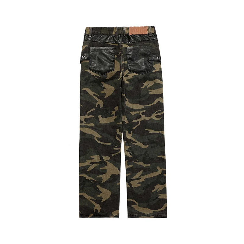 American Men's Style Camouflage Hole Cargo Pants Patchwork PU Leather Pockets Male Loose Casual Trousers 2022 New 2D1418