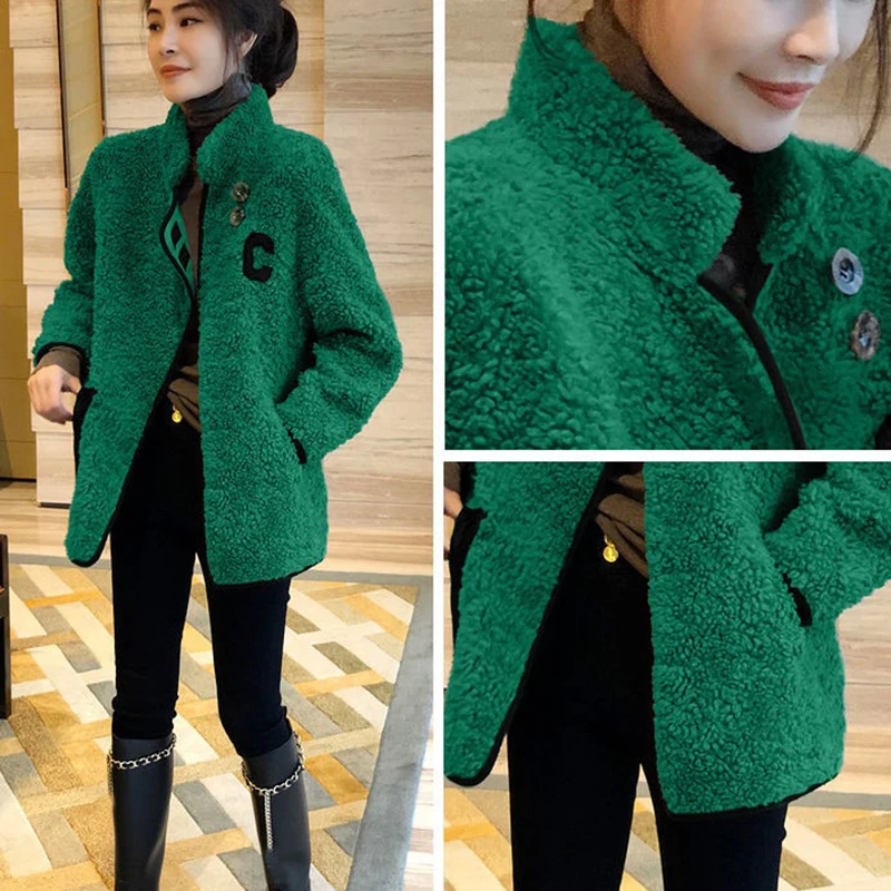 Fashion Women\'s Jackets Spring Autumn New Green Letter Imitation Lamb Wool Jacket Loose Thickening Casual Female Outerwear Top