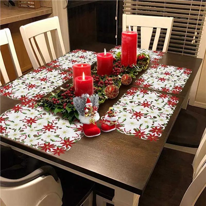 【FLASH DEAL】Placemats Set Of 12 Embroidered Christmas Poinsettia & Holly Design, 11X17 Inch Christmas Table Decor