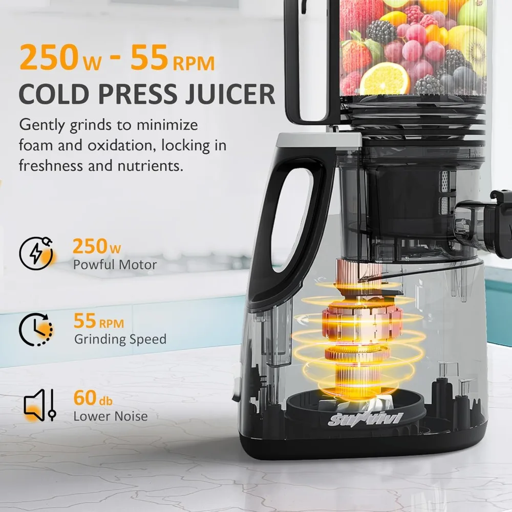 عصارة بالضغط البارد مع شلال تغذية واسعة 5.9، آلات عصارة المضغ البطيئة بقدرة 250 وات تناسب الخضروات والفواكه بالكامل، سهلة الاستخدام #4