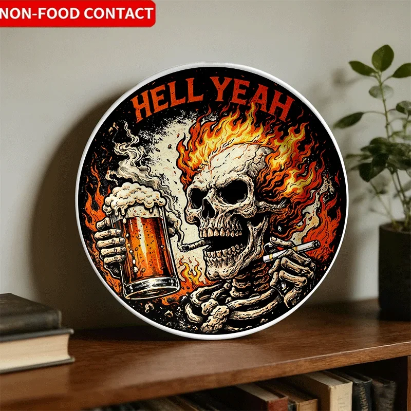 Ceramic Decorative Plate with Flame Skull Design and 