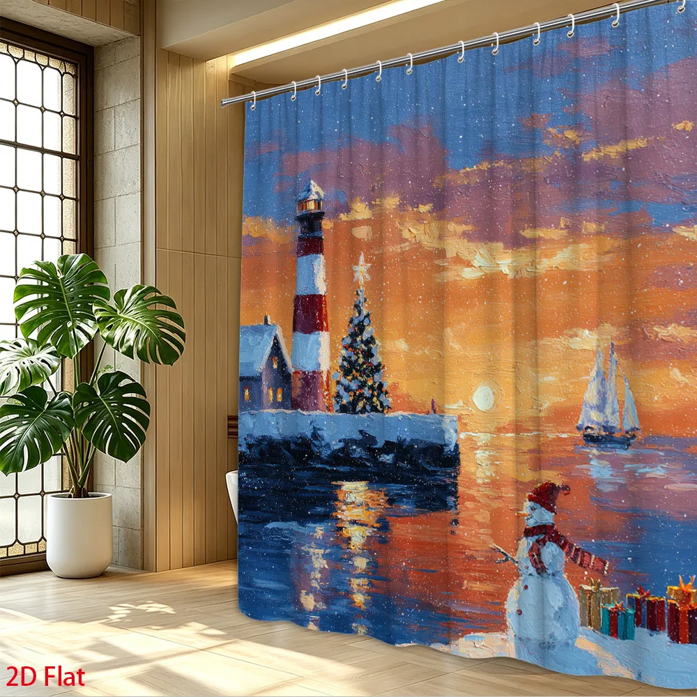 Festive Holiday Christmas Lighthouse Nautical Shower Curtain Beach Seaside Winter Bathroom Decor Waterproof Curtain