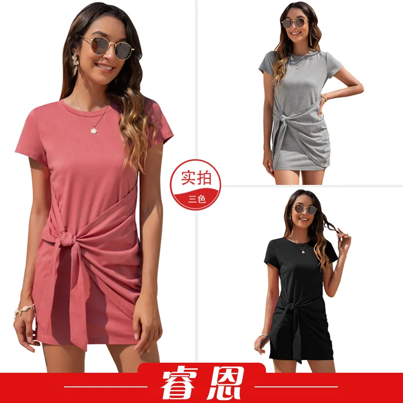 

2022 ladies summer collection knot round collar sexy dress with short sleeves