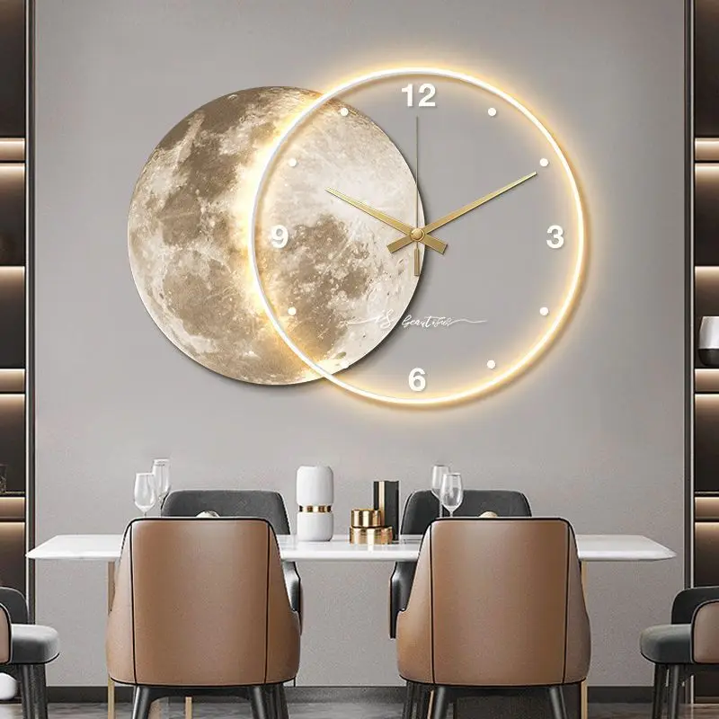 Large Dining Room Living Room Wall Clock Luxury Moon The Earth Modelling LED Light Silent Movement Bedroom Wall Decoration Gift