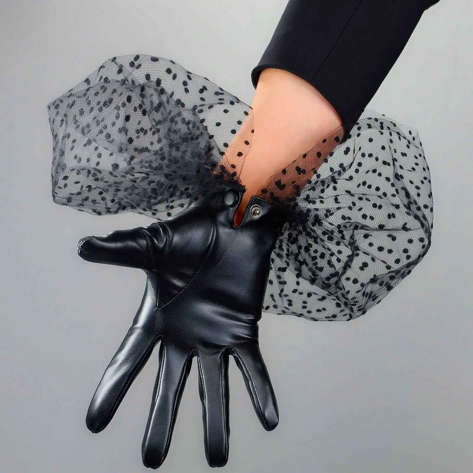 Black Lace Polka Dot GLOVES Faux Leather Short Wrist Mesh Ruffle 3D Trim Touchscreen TECH Evening Party Dancing Wedding Fashion