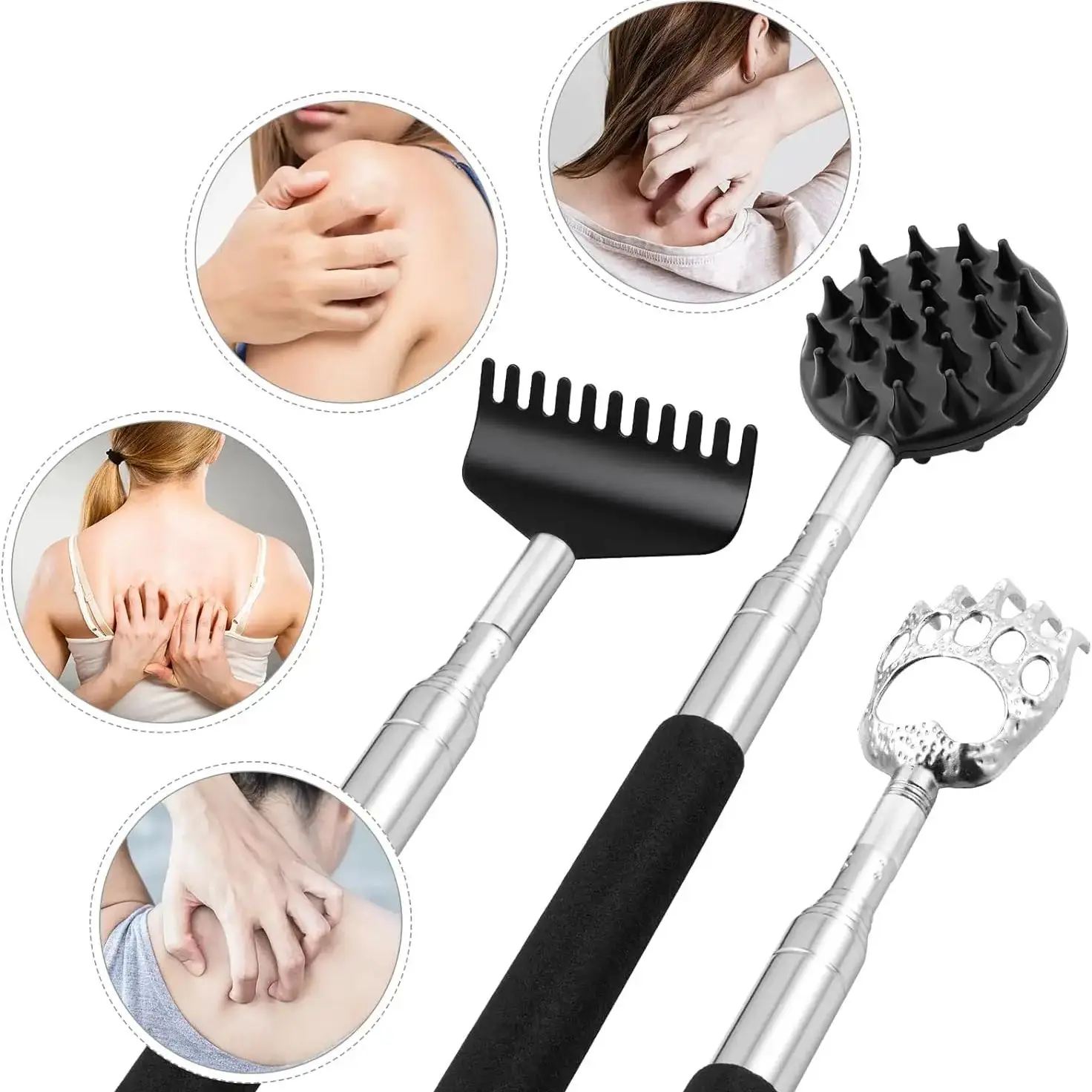 

Itchy Scratch Retractable Back Gripper With 3 Detachable Gripper Heads Double-Sided Back Gripper/Metal Claw/Rake Back Gripper