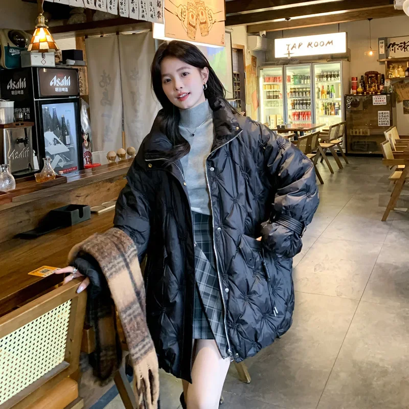 Winter Women\'s Down Coats Stand Collar Loose Warm Fluffy Down Coat Female Buckle Cuff DesignDiamond Plaid Woman\'s Quilted Jacket