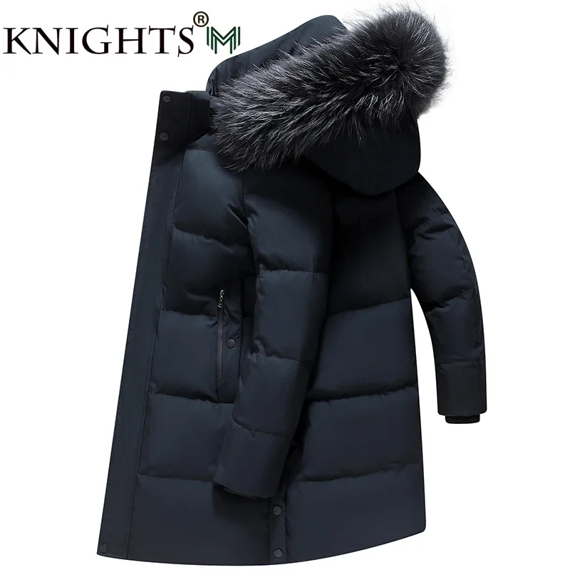 2024 Men's Down Jacket Mid-Length Winter Thick 90% White Duck Down Jacket Natural Animal Fur Collar Multi-Pockets Overcoat Men