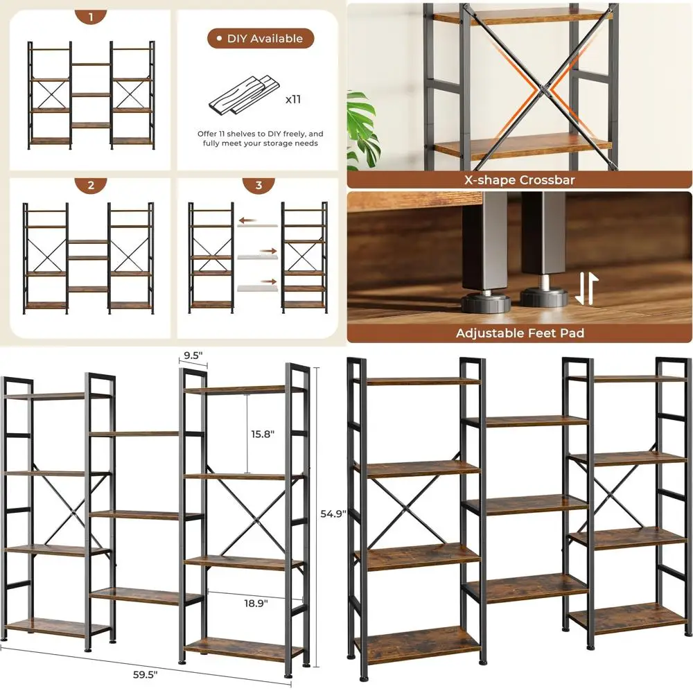 

11-ярусная открытая книжная полка, вместительная, для дома и офиса, цвет рустик-коричневый