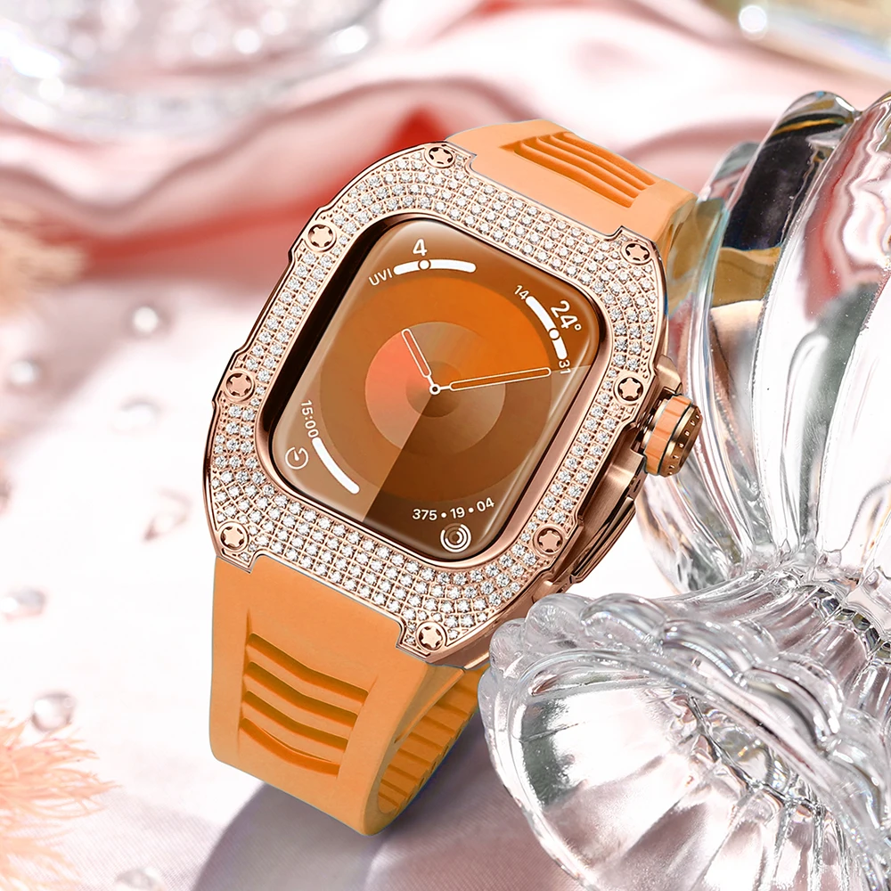 طقم عصري لساعة أبل s9 8 7 41 ملم ملحقات مرصعة بالألماس من التيتانيوم الفاخرة تنطبق على حافظة s6/5/4 SE 40 ملم وسوار أبيض