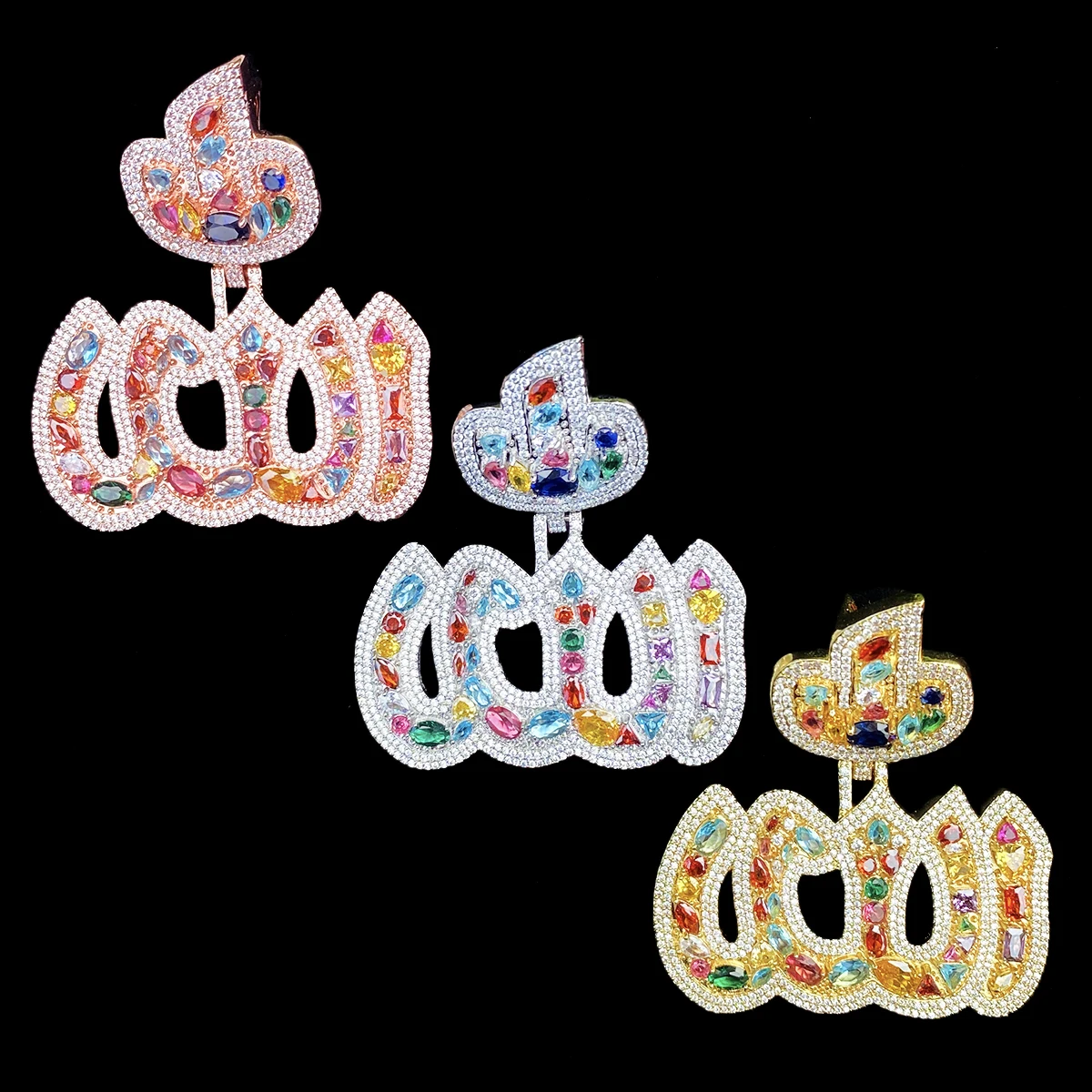Aokaishen Iced Out Colorful Allah Necklace Pendant for Men 5A Copper Cubic Zirconia Hip Hop Jewelry