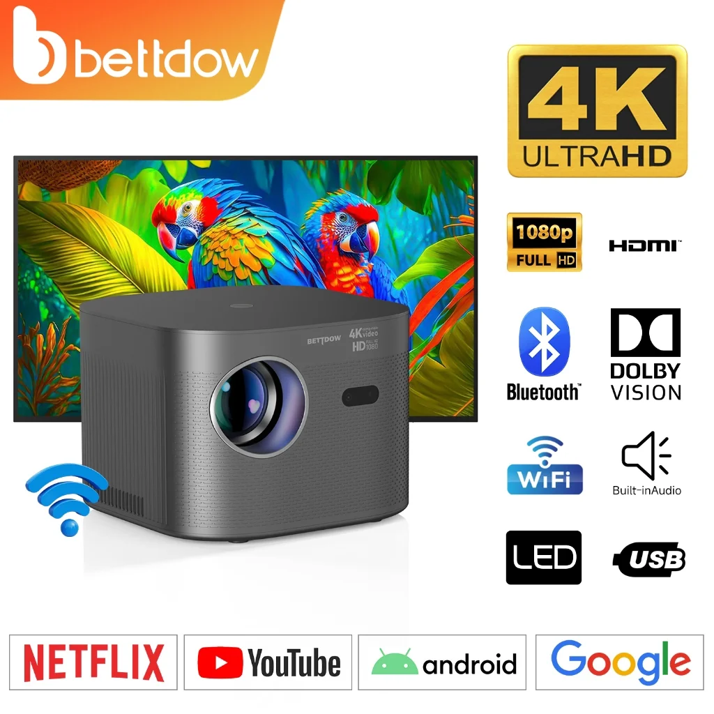 Bettdow P1 Projector 1080P Full Hd 4k 5G Wifi Bluetooth Outdoor Movie Android Projector 200