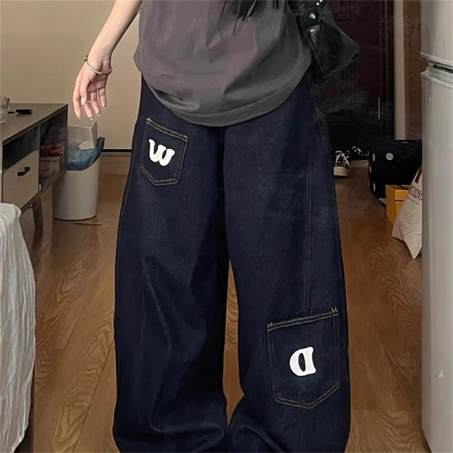 Women's High Waist Wide Leg Dark Blue Jeans Pocket Letter Print Vintage Y2K Streetwear Loose Denim Trousers