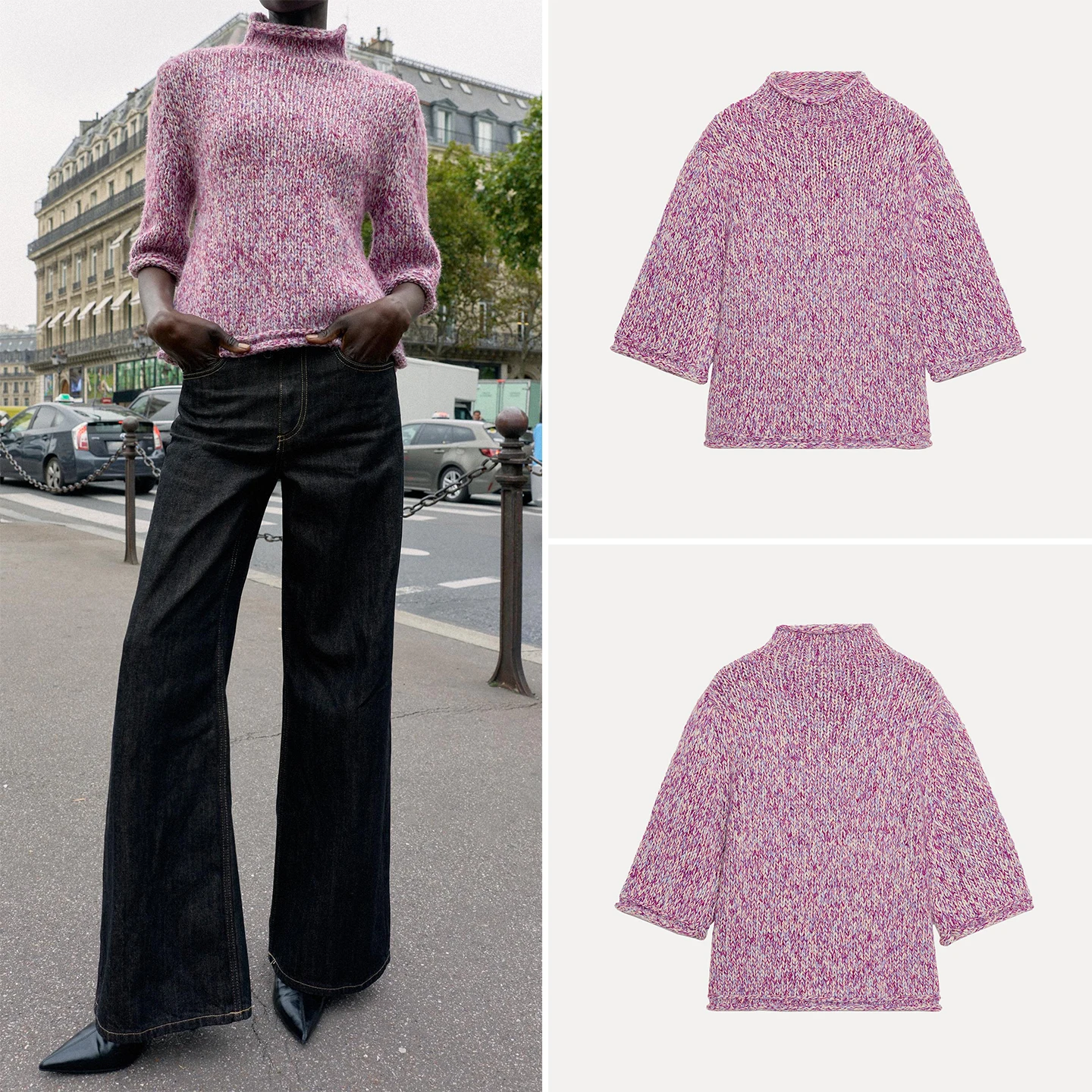 

Модный повседневный цветной трикотаж, женский свитер, осень 2024, Новое поступление, вязаный свитер с высоким воротником и высоким воротником