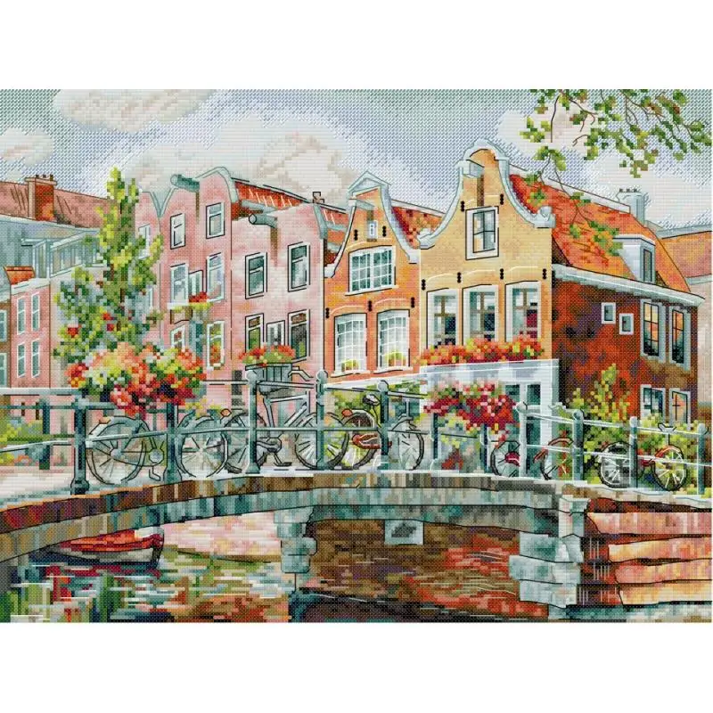 Amsterdam Canals Scenic Patterns Cross Stitch Kit Aida 14ct 16ct 11ct Counted Canvas Printed Fabric Embroidery Home Decor Crafts