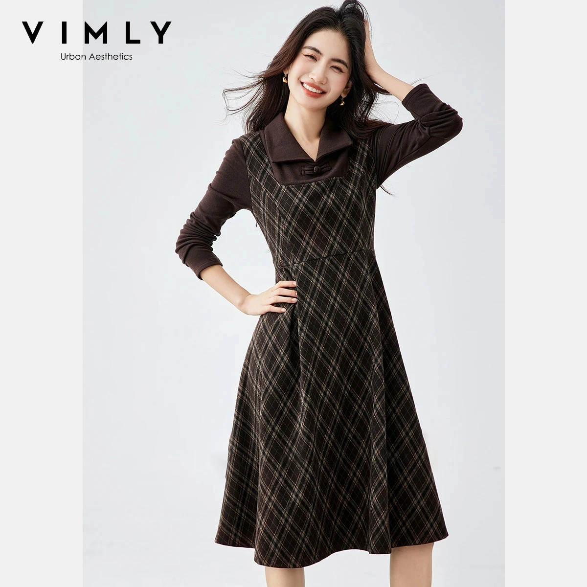 VIMLY Mock Two-Piece Women's 2025 Autumn New Chinese Style Lapel Plaid Pattern A-Line Elegant Office Lady Long Dresses A3177