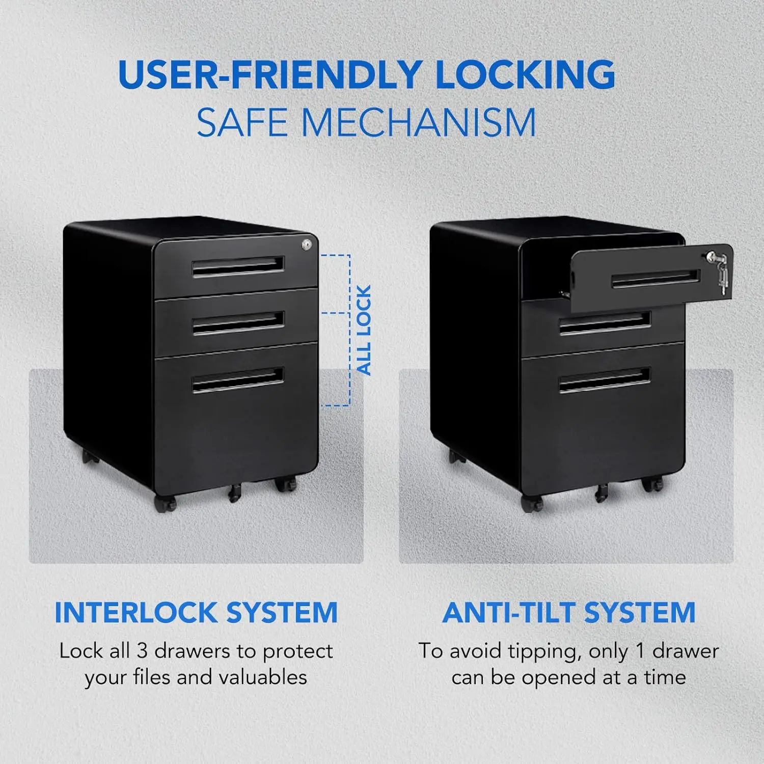 FLEXISPOT Archivador de metal para oficina en casa Archivador móvil con cerradura Archivadores de 3 cajones para archivos legales/letras/A4,