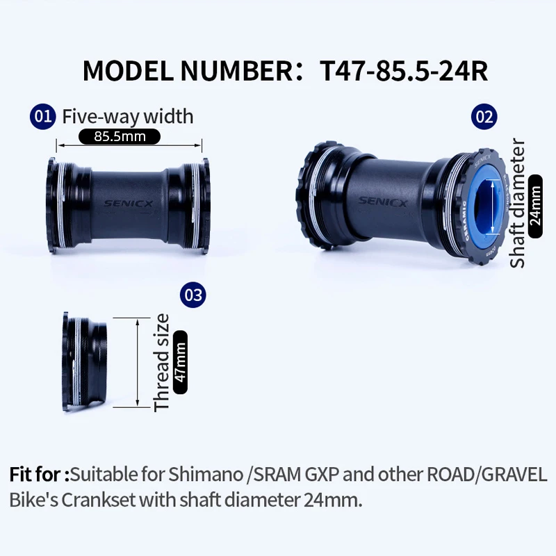 SENICX T47 Thread Bottom Bracket Ceramic Bike Central Shaft Fit for Shimano / SRAM GXP Road Gravel Bike Hollow Crank Axis 24mm