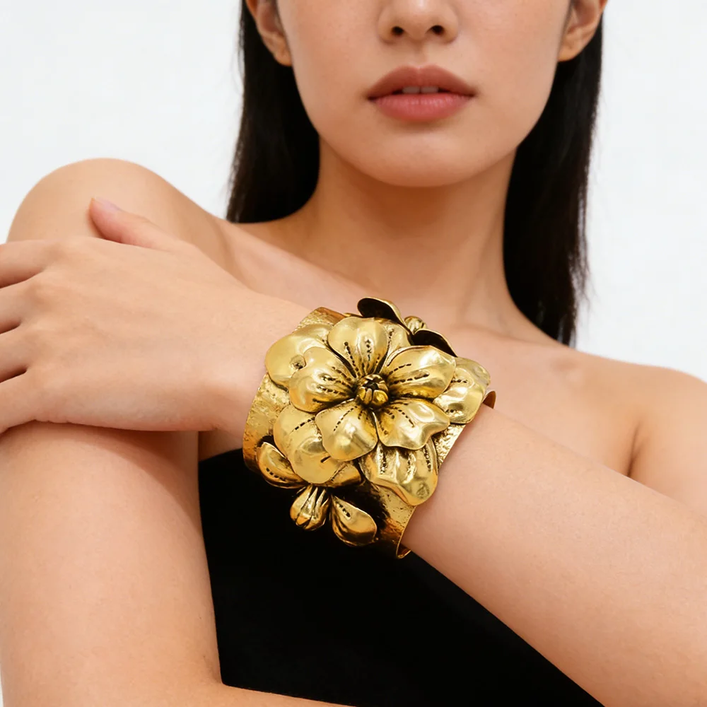 

Vintage Exaggerated Flower Wide Cuff Bangle for Women Vacation Stages Music Festivals Fashion Open Adjustable Bracelet Jewelry