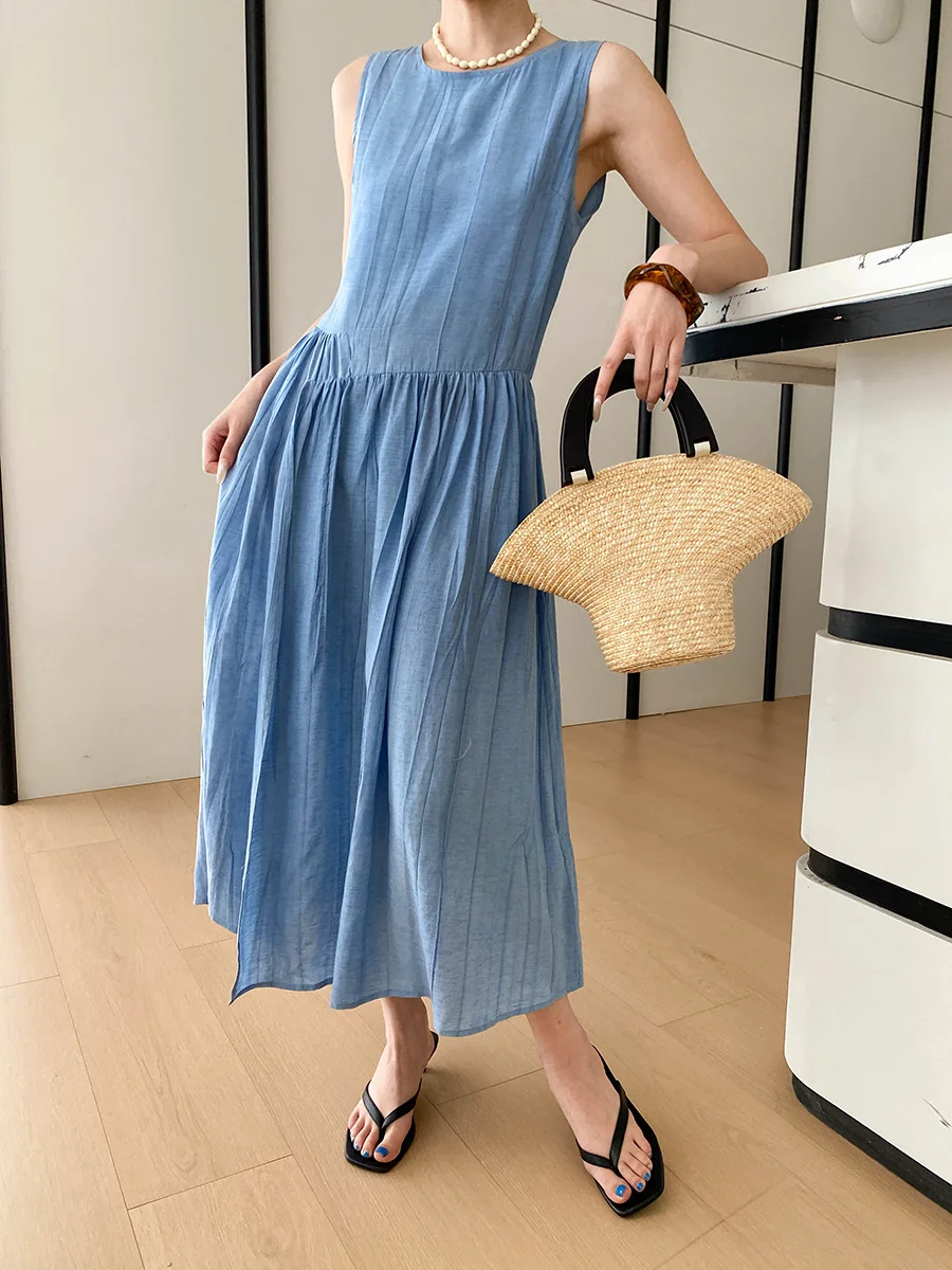 

Summer women's casual solid color irregular pleated waist cinched round neck sleeveless vest dress