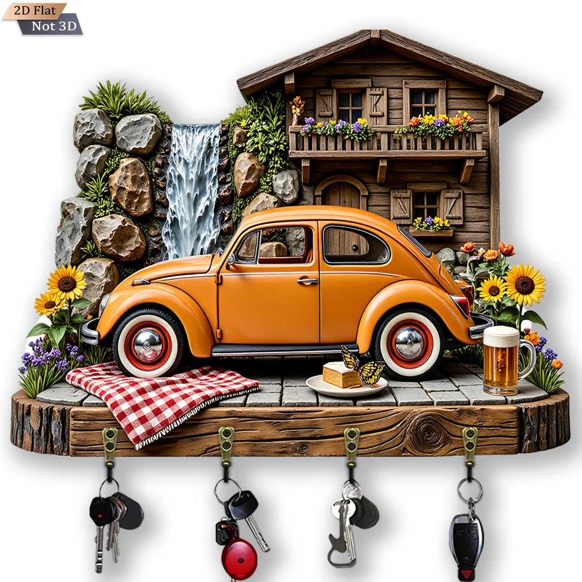 2D Flat, 1pc, Retro Car Pastoral Style Wooden Multi-functional Home Key Rack, with Four Metal Hooks, Wall Decoration, Porch