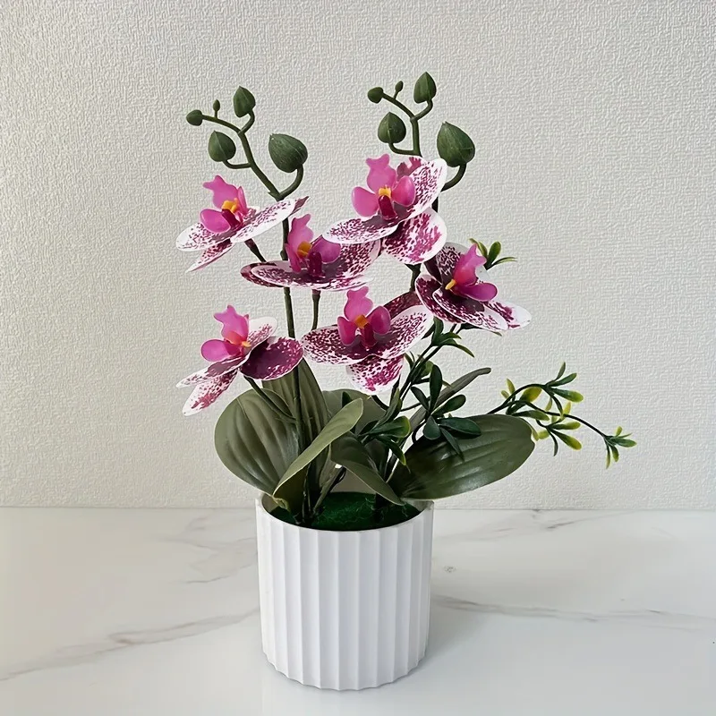 Künstlicher Orchideen-Schmetterlings-Doppelbündel mit 6-Blüten, Topfpflanzenfolie, realistisches Grün, Szenen-Setup für die Innenfotografie – Detail 7