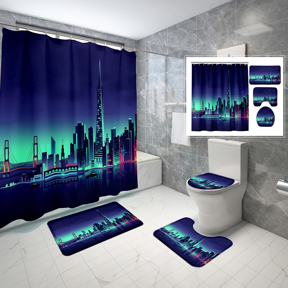 Neon City Shower Curtain Sets 4 Pcs Colorful Night View Buildings Non-slip Bath Mat Toilet Lid Waterproof Shower Curtain Set