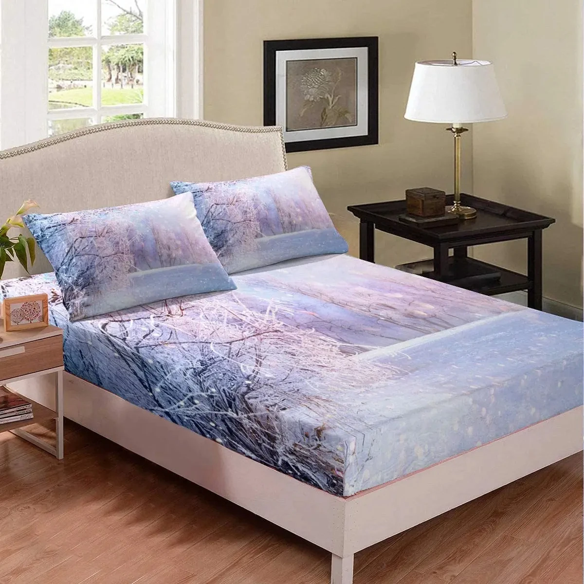 Misty Forest Bed Sheets Twin Queen Size Pine Tree Fitted Sheet Natural Landscape Bedding Set for Teen Adults,Woodland Bed Cover