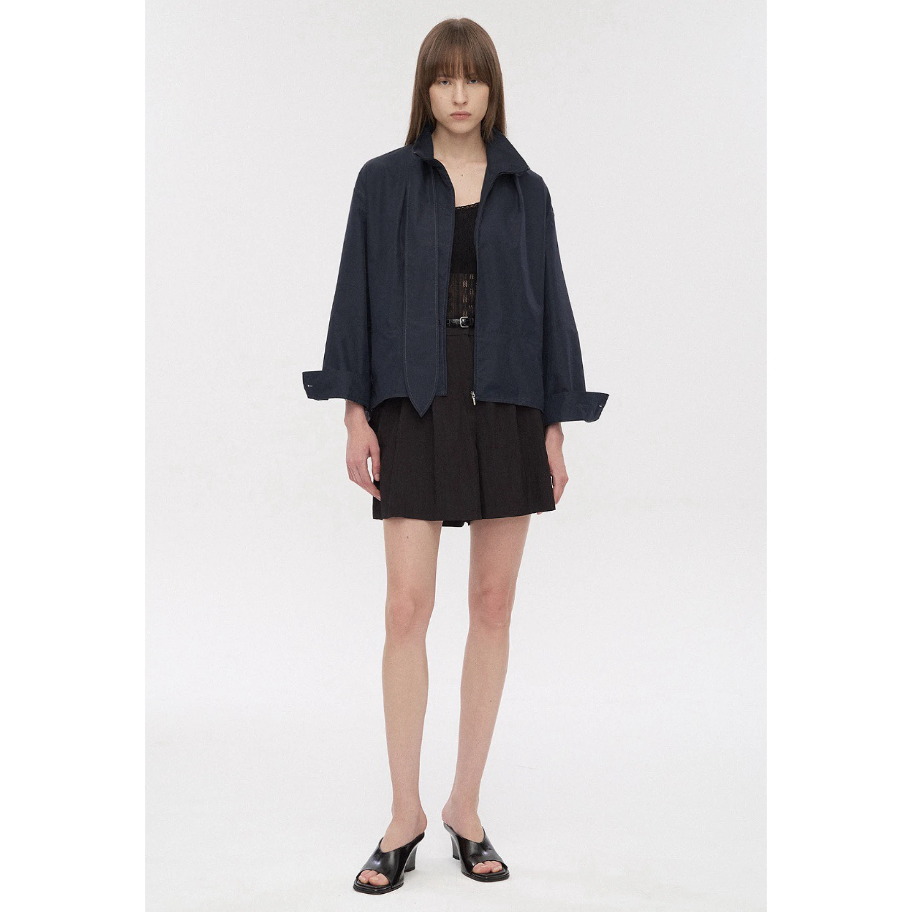 TIM26 Autumn Lemon Cheesecake Style Casual Lightweight Zipper Jacket Small Shirt Stand Collar Sash Decoration Commute Wind