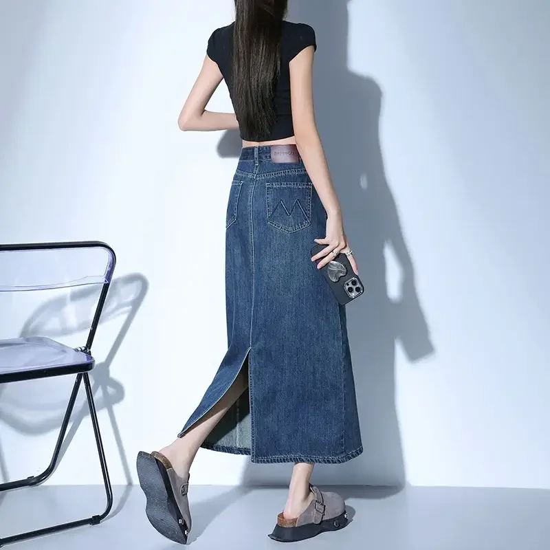 

Женская джинсовая юбка трапециевидной формы с высокой талией в стиле ретро, длинные миди, синие юбки, женские модные летние шикарные свободные юбки с подолом для поездок на работу
