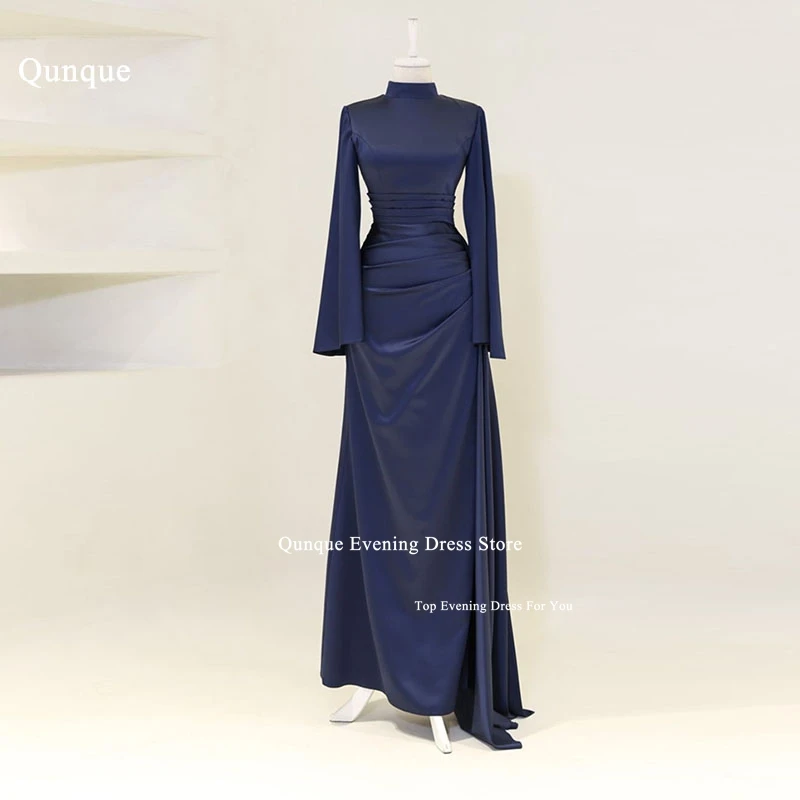 Qunque Modest Elegant Evening Dresses فساتين سهرة Dubai Women Pleat Prom Dresses High Collar Full Sleeves Prom Gowns Customized