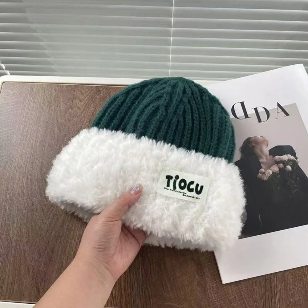 

Cute Warm Knitted Beanie Hat Thickened Ear Protection Fluffy Earmuffs Beret Hat Women