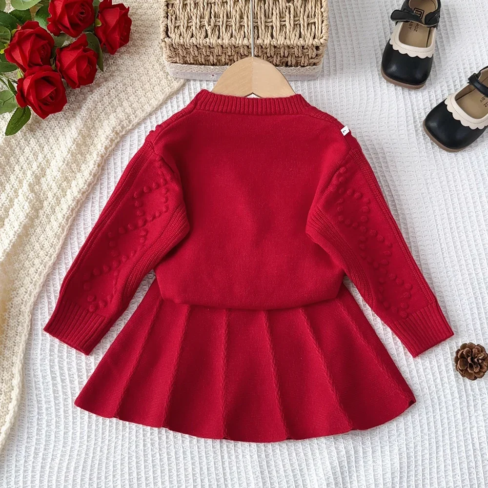 Autumn and Winter Sweater Set Bow Tie Single Breasted Long Sleeved Top and Pleated Skirt Sets Girls' Red Christmas Outfit