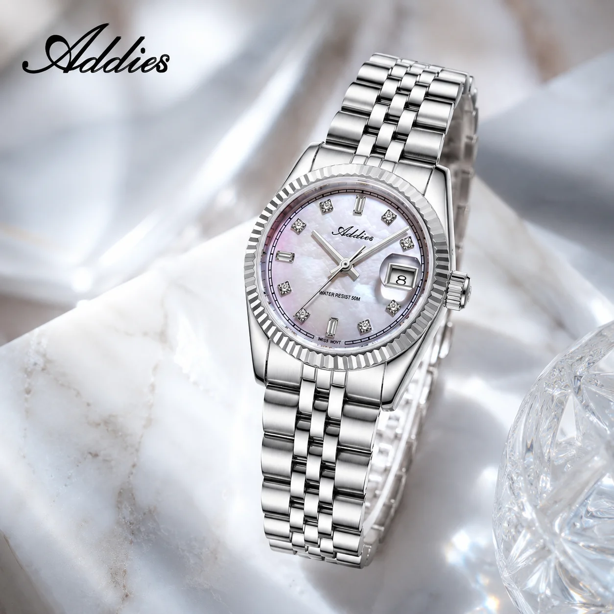 ADDIES Quartz Watches for Women Minimalist Luxury Waterproof Lady Wristwatch Sapphire Glass Czech Rhinestones Steel Wristwatches