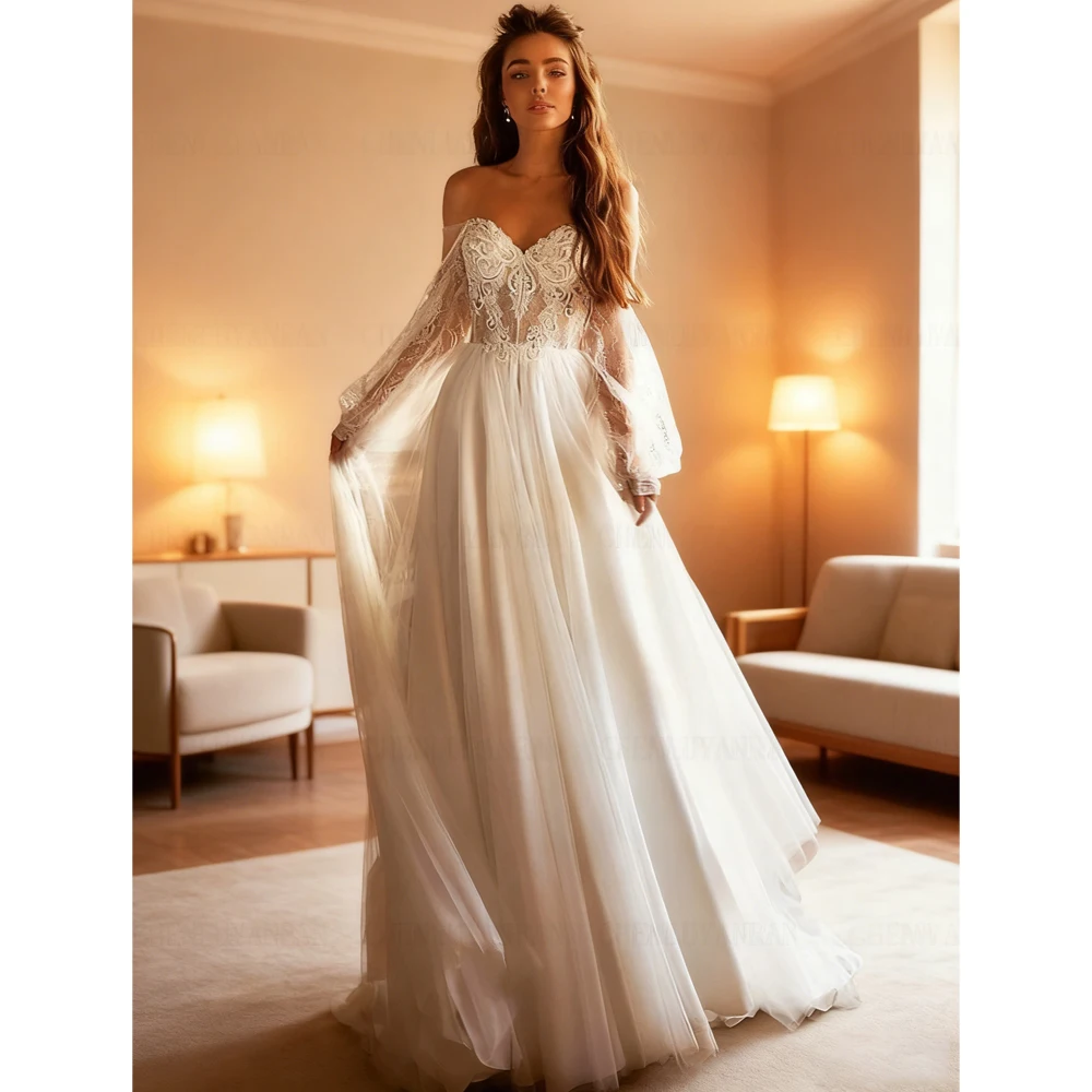 ชุดแต่งงานสไตล์โบฮีเมียนสำหรับผู้หญิง ผ้าทูลล์ คอวี แขนพอง ชุดเจ้าสาวผ้าทูลล์ประดับดอกไม้ ทรงเอไลน์ ชายกระโปรงยาว