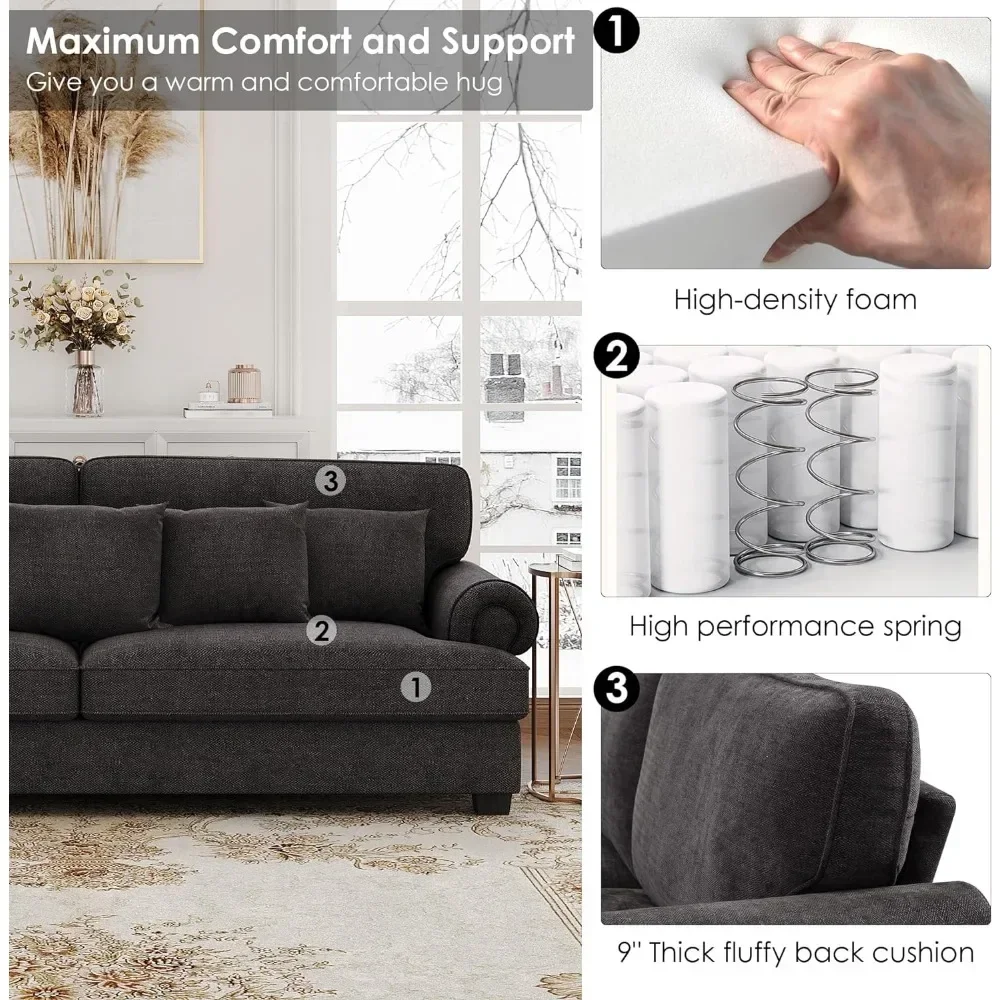 Living Room Sofa, 3 Seater Couch with 2 USB Charging Ports and Extra deep Seat, Sofa Couches for Living Room