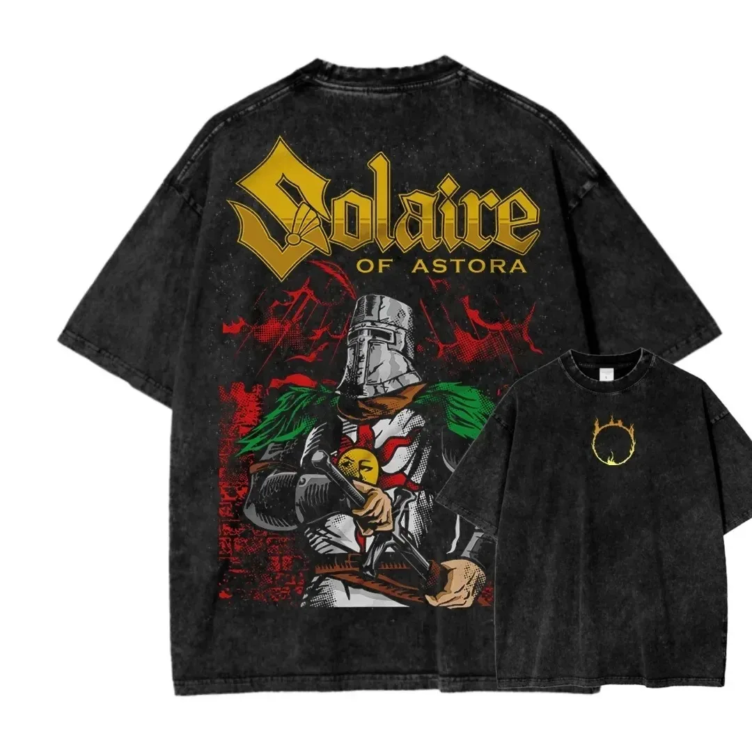 Dark Souls Washed T-Shirt, Personalized Streetwear, Four-Season Loose Fit, Unisex Y2K Short Sleeve for Couples, Classic Casual