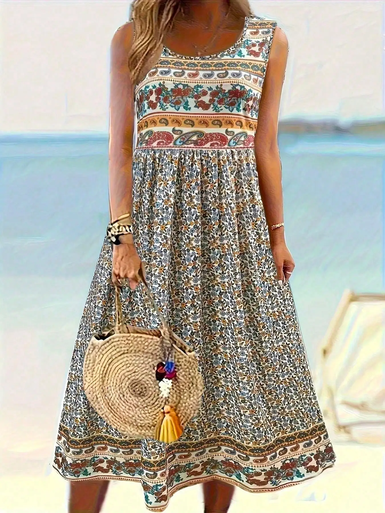 

Boho Floral Paisley Print Sleeveless Crew Neck Maxi Dress for Beach Summer