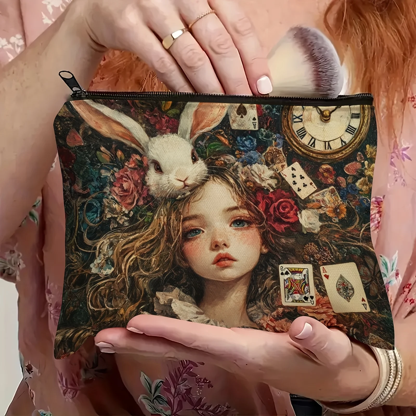 Women's Handbags Fantasy Makeup Bag - Dreamy Rabbit & Playing Cards Design, White Cosmetic Pouch with Zipper Closure