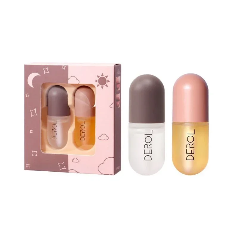 2Pcs/Set Natural Lip Plumper Hydrating Reduce Fine Lines,Day Night Lips Care Serum