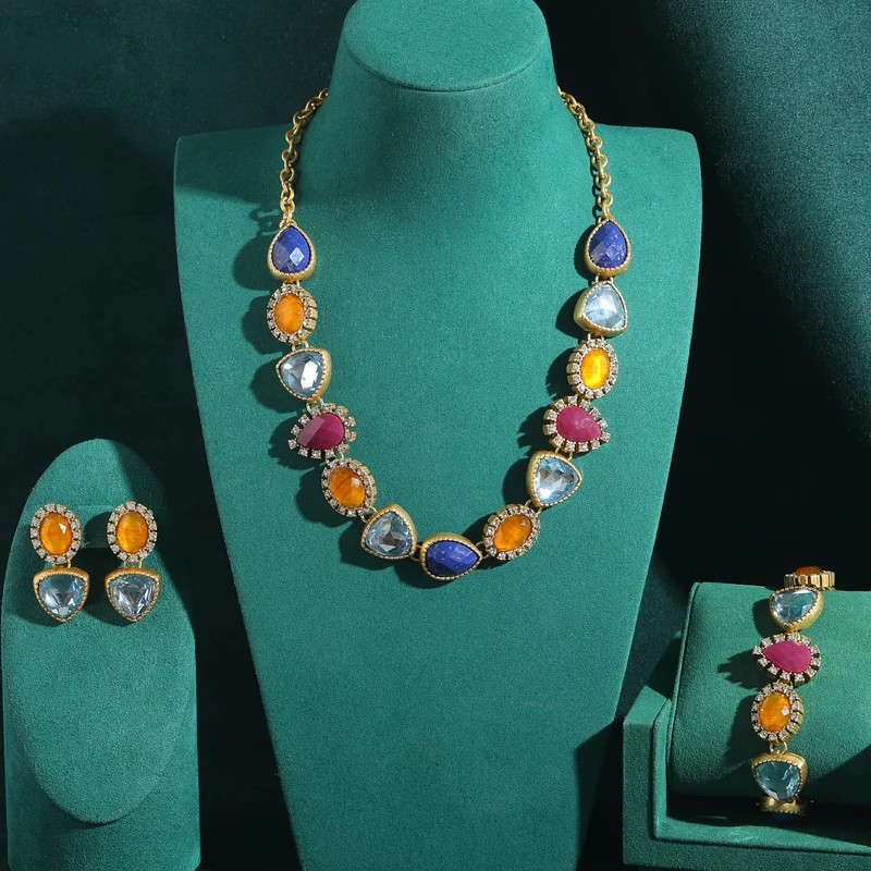 

Vintage Crystal Necklace Set Earring Natural Stone Water Droplet Charm Bracelet High Quality Luxury Designer Jewelry For Woman