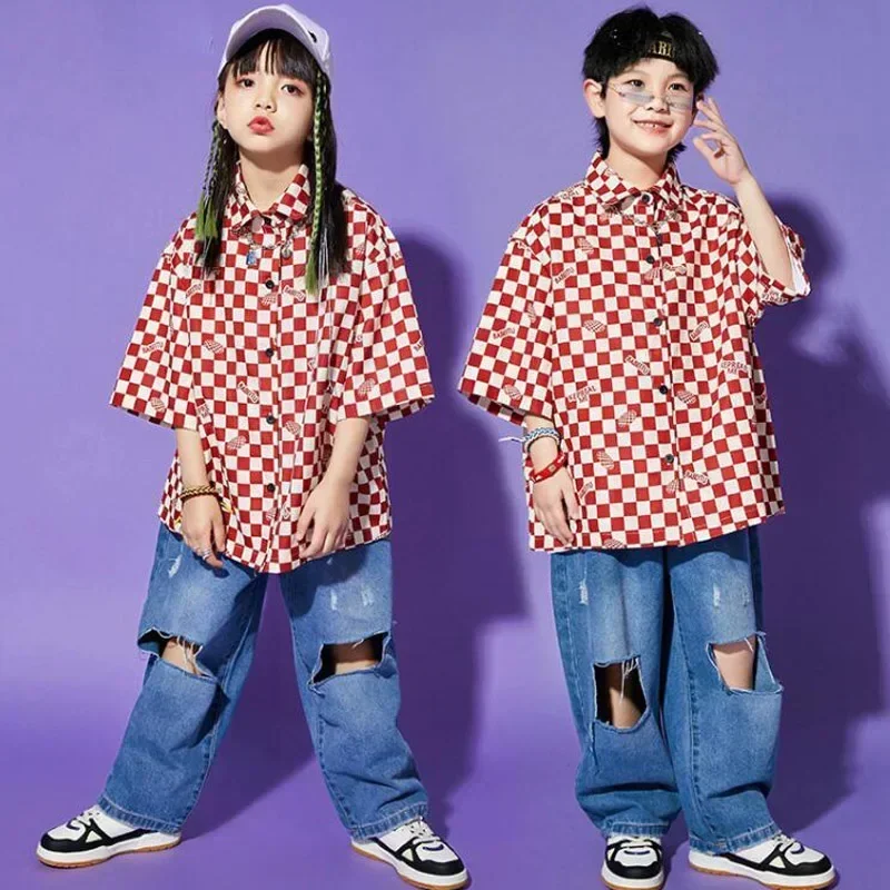 

Checkered Shirt Casual Street Jeans Pants for Girls Boys Jazz Dance Costume Clothes Kids Hip Hop Show Clothing Teenage Outfits