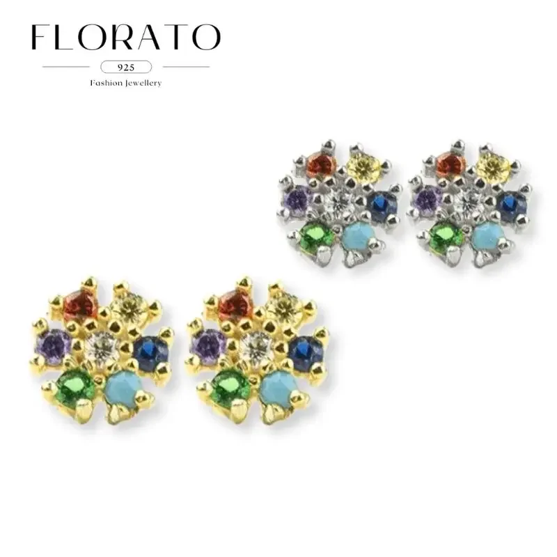 

925 Sterling Silver Ear Needle Six-petal Colorful Zircon Earrings For Women Crystal Zircon Luxury Earrings Fashion Party Jewelry