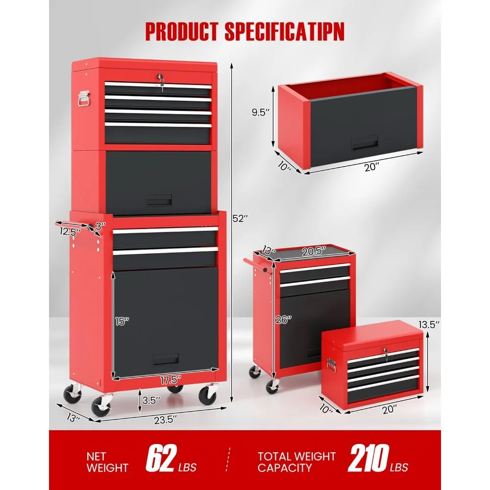"Dual-Function Rolling Tool Chest with Removable Top and Adjustable Shelf, Lockable and Wheeled Storage Cabinet"