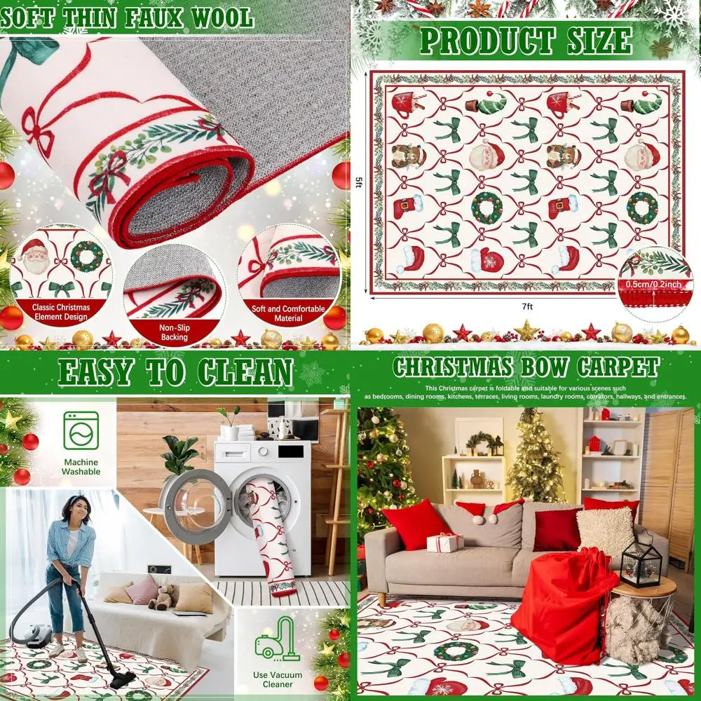 

5'x7' Modern Christmas Rug - Red, Green, White | Washable, Non-Slip | Ideal for Living Room, Bedroom, Dining & Kitchen